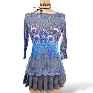 Y2K Paisley Top 3/4 Sleeve  Fairy Grunge Rhinestone Details Boho 2000's Size M